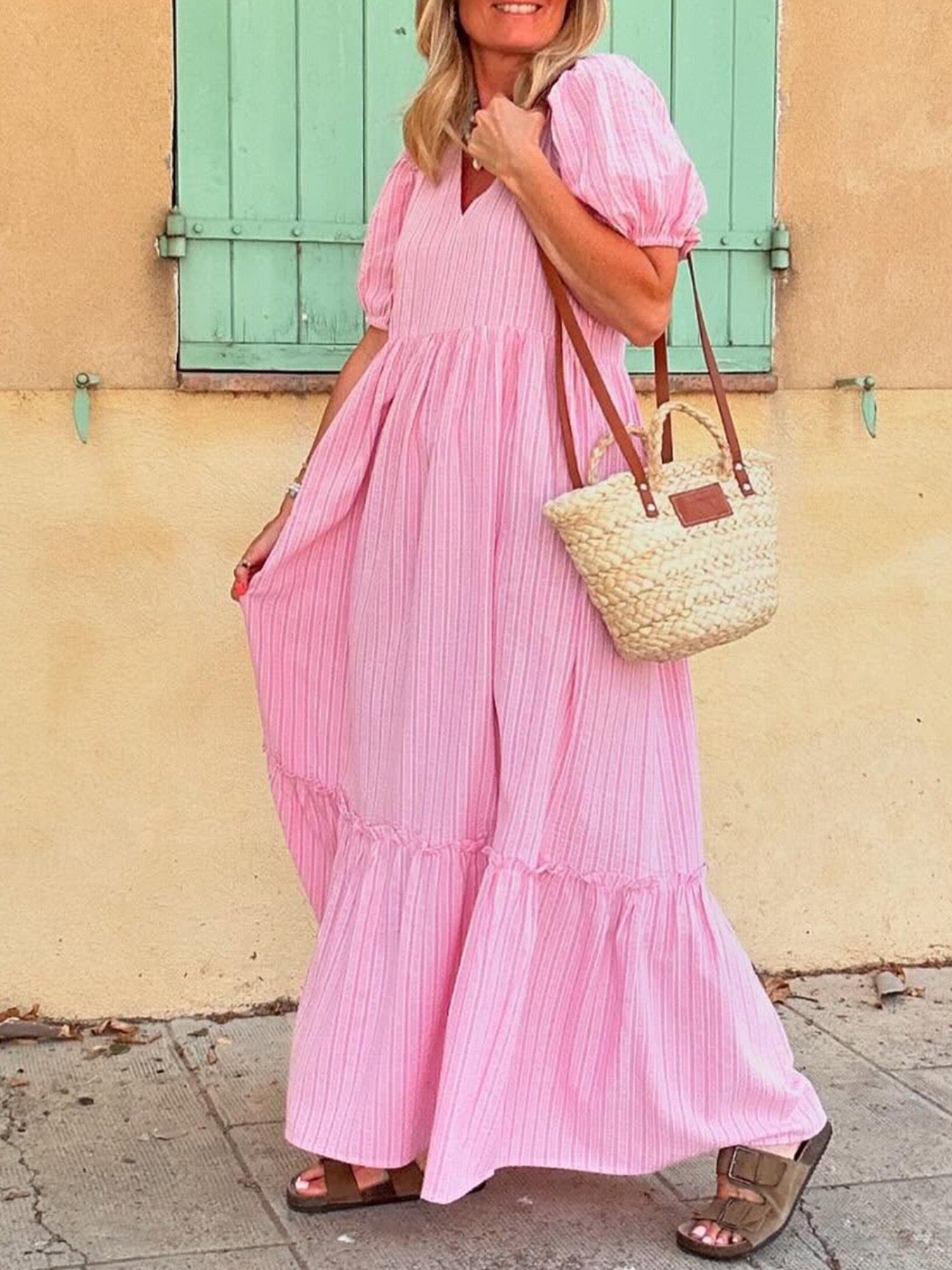 Striped Puff Sleeve V-Neck Maxi Dress