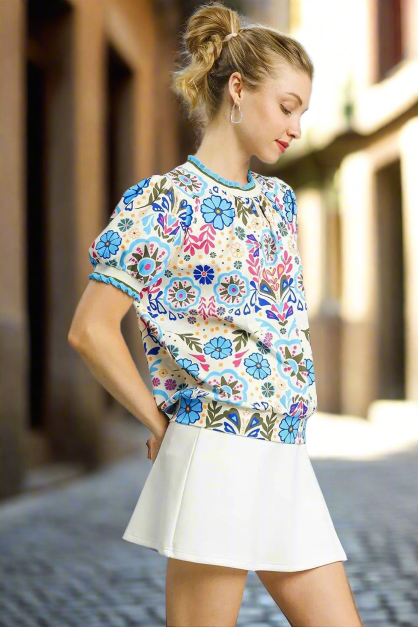 Retro Floral Puff Sleeve Top