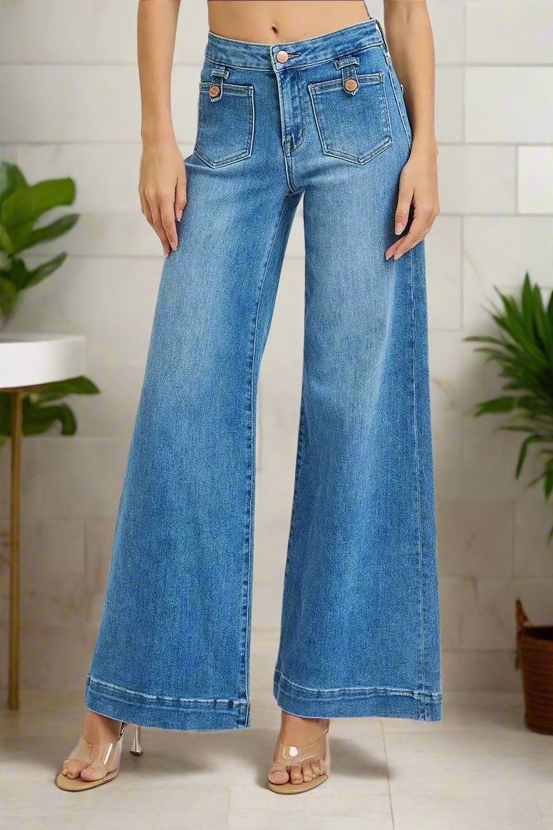 Full Size Mid Rise Wide Front Patch Pocket Jeans Plus Size