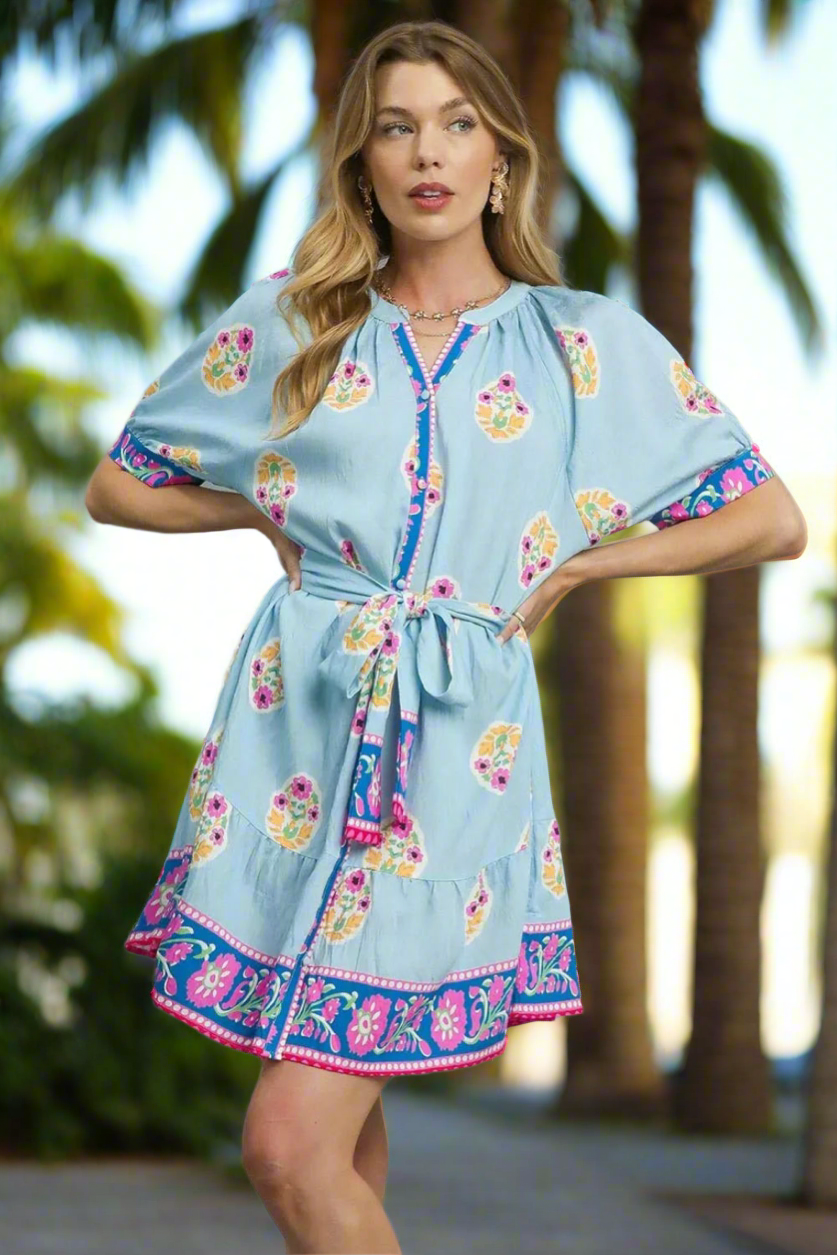 Floral Print Tie Waist Short Sleeve Dress