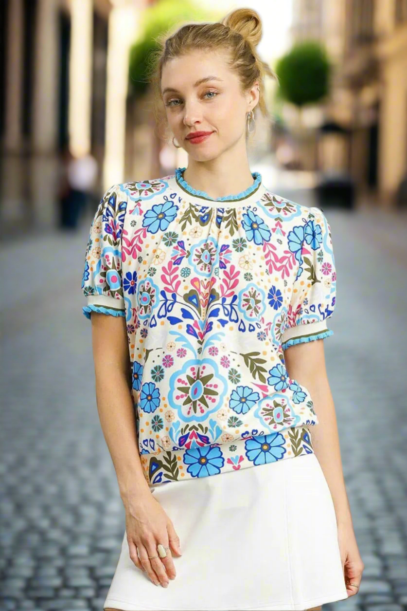 Retro Floral Puff Sleeve Top