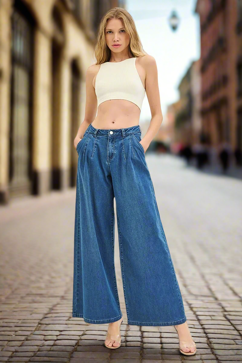 Mid Rise Fit Wijde Pijpen Gebreide Denim Look Jeans