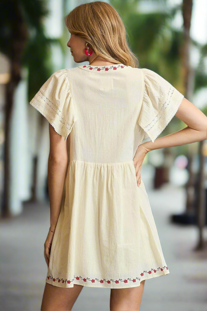 Embroidered Floral Flutter Sleeve Mini Dress