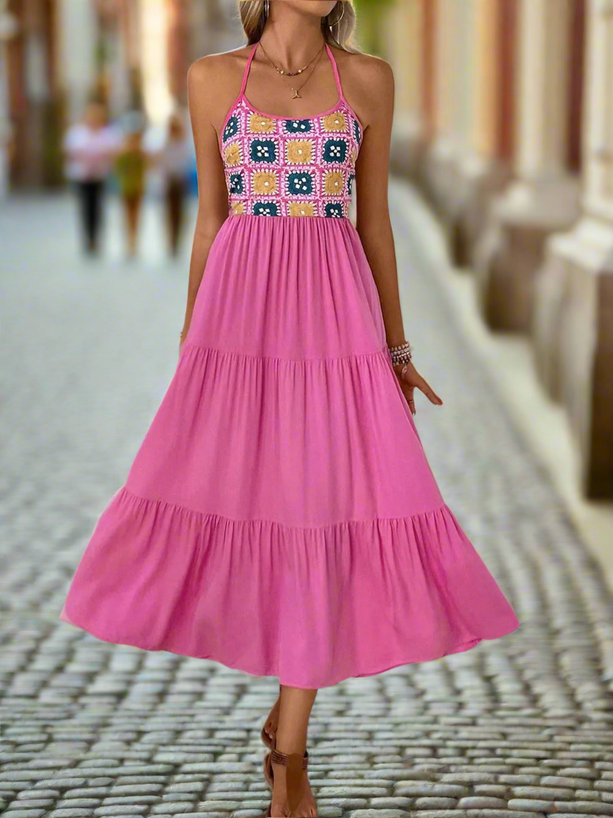 Printed Halter Neck Tiered Midi Dress