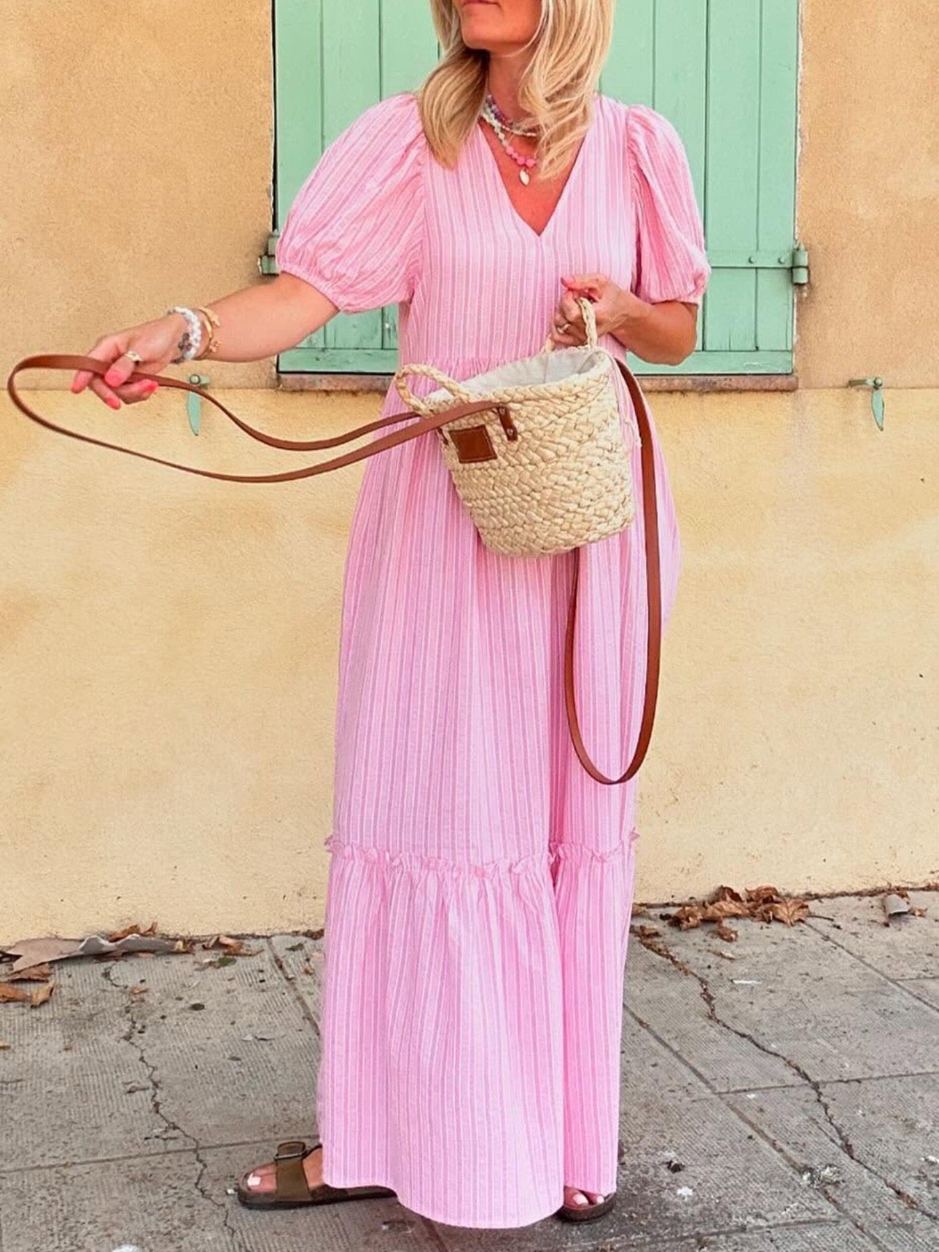 Striped Puff Sleeve V-Neck Maxi Dress