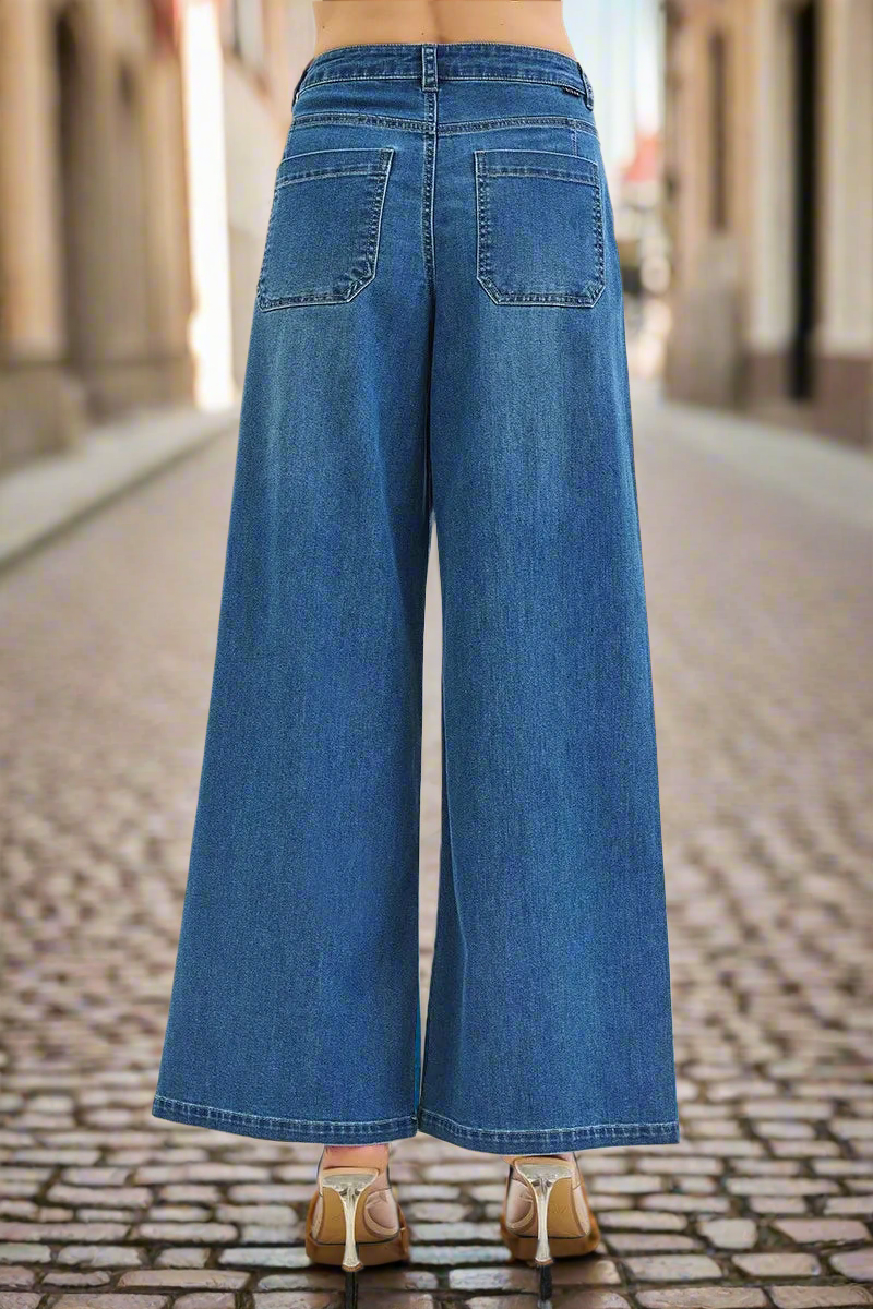 Mid Rise Fit Wijde Pijpen Gebreide Denim Look Jeans