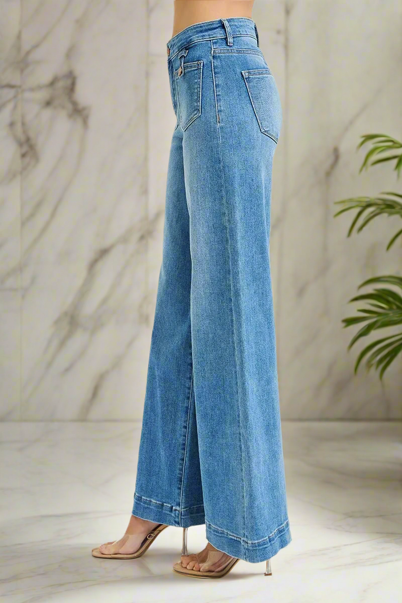 Full Size Mid Rise Wide Front Patch Pocket Jeans Plus Size