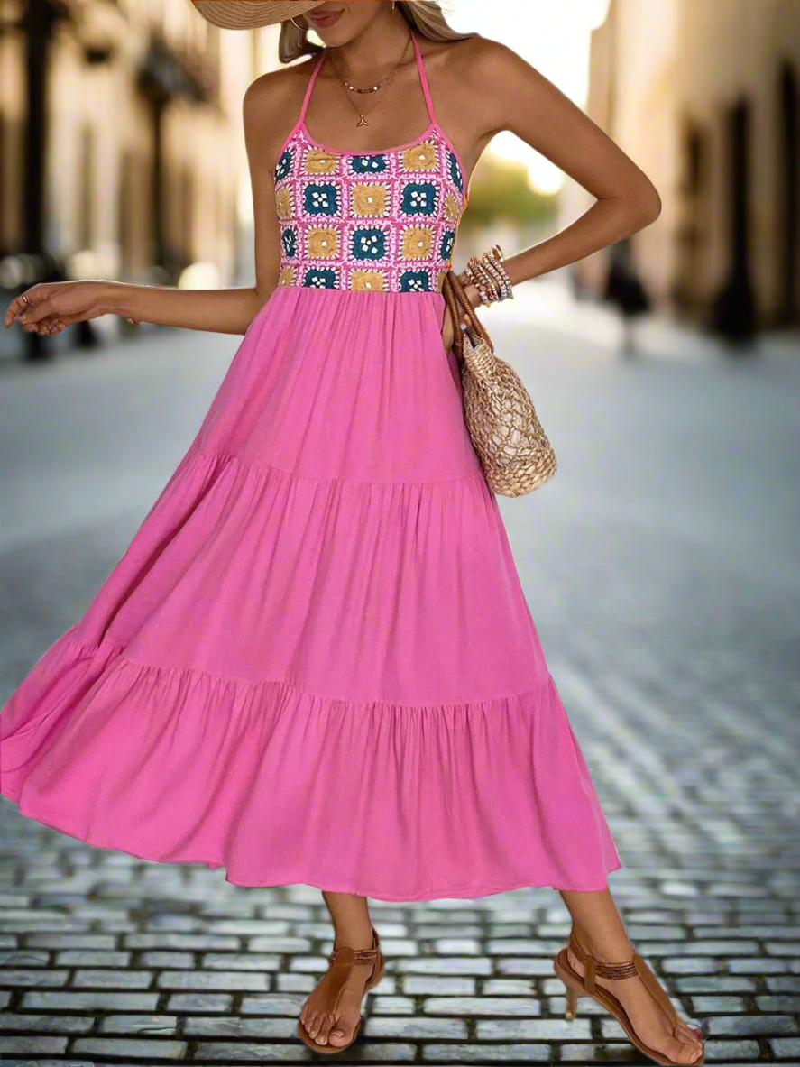 Printed Halter Neck Tiered Midi Dress