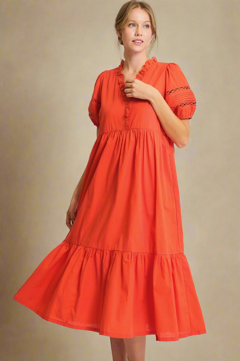 Short Sleeve Lace-Trim Ruffled Midi Dress