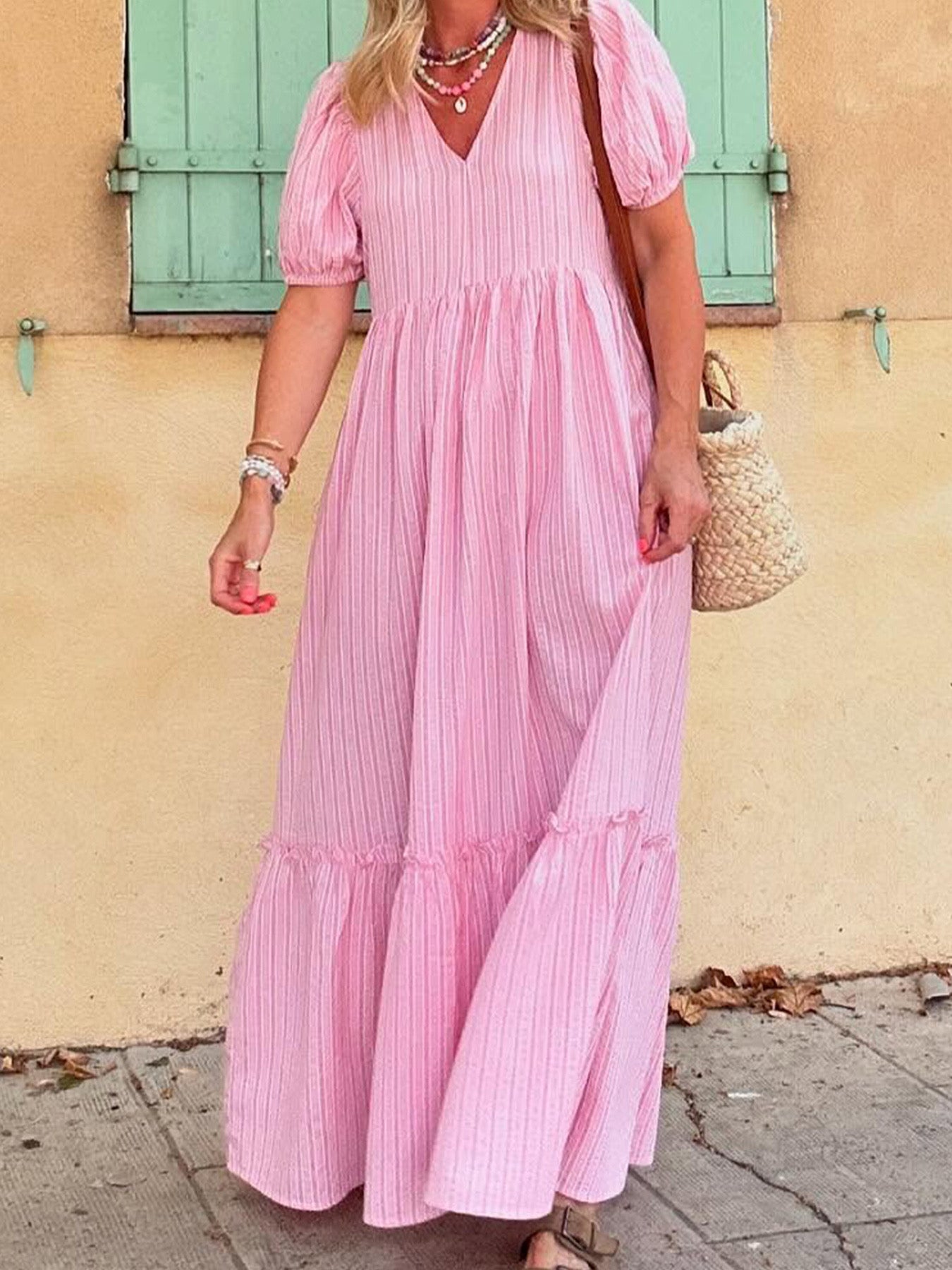 Striped Puff Sleeve V-Neck Maxi Dress